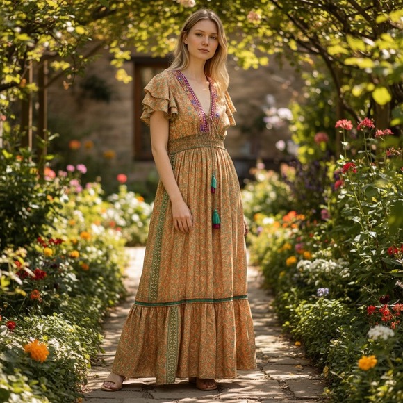 Chocolate Preppy Dresses & Skirts - Chocolate Preppy Boho Maxi Dress Orange Green Mirror Embroidery Tassel OS